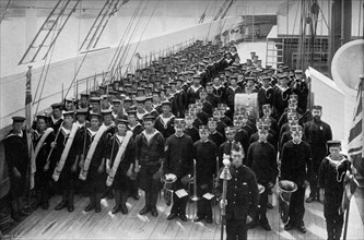 A marching out battalion parade on board the training ship HMS 'Lion', 1896. Artist: WM Crockett