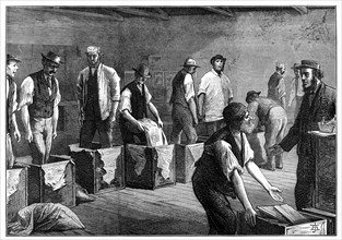 Refilling chests in a tea warehouse, 1874. Artist: Unknown