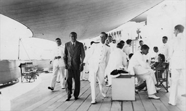American actor and film director Douglas Fairbanks, Sr on board HMS 'Malaya', Venice, Italy 1938. Artist: Unknown