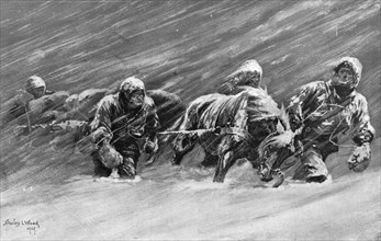 The trek during the snowstorm, 1909. Artist: Stanley L Wood
