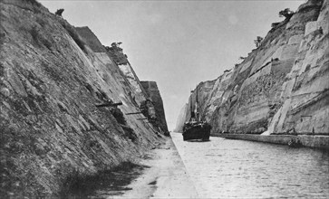 Ship passing through the Corinth Canal, Greece, late 19th or 20th century. Artist: Unknown