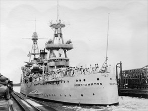 US Navy cruiser USS Northampton (CA-26), Panama Canal, Panama, 1931. Artist: Unknown