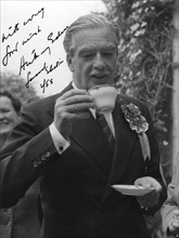 Anthony Eden, British Conservative politician, drinking a cup of tea, 1955. Artist: Unknown