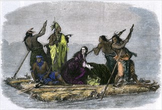 Comanches carrying off a captive girl, c1860. Artist: Unknown