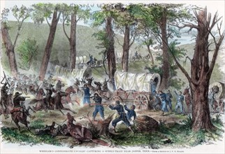 'Wheeler's Confederate cavalry capturing a supply train near Jasper, Tennessee', c1863. Artist: Unknown