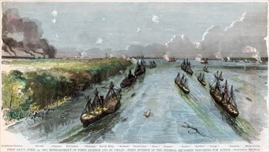 Bombardment of Forts Jackson and St Philip, Louisiana, American Civil War, April 1862. Artist: Unknown
