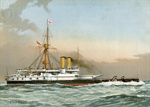 HMS 'Victoria', Royal Navy 1st class battleship, c1890-c1893.Artist: William Frederick Mitchell