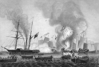 The destruction of the Chinese war junk in Anson's Bay, 7 January 1841 (c1857).Artist: George Greatbatch