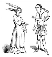 Male and female costume, c1350, (1910). Artist: Unknown