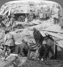 Russians burying Japanese dead inside a fort, Port Arthur, Manchuria, Russo-Japanese War, 1905. Artist: Underwood & Underwood