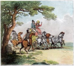 'Vicissitudes of the road in 1787, the highwayman, Lord Barrymore stopped', 1890. Artist: Unknown