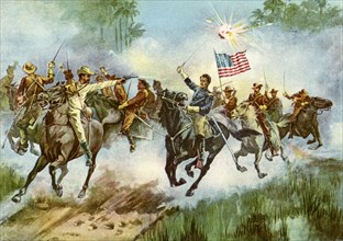 Rough Riders stampeding a Spanish outpost, Cuba, Spanish-American War, 1898. Artist: Unknown