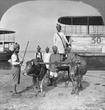 Military transport cart with an escort of Indian soldiers, Burma, 1898.  Artist: Stereo Travel Co