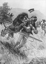 Scottish missionary and explorer David Livingstone being attacked by a lion, Africa, 19th century. Artist: Unknown