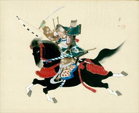 Samurai Warrior riding a horse. A Japanese painting on silk, in a traditional Japanese style. Artist: Unknown