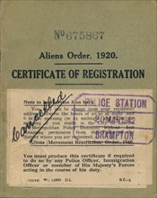 Aliens Order, Certificate of Registration, 1920. Artist: Unknown