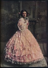 'A three-flounced ball-dress of pink silk, with overdress of white flowered gauze, 1850-60', c1913. Artist: Unknown.