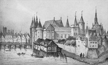 `The Pont aux Meuniers and Part of the Palais du Roi de la Cite in 1556', 1915. Artist: Unknown.