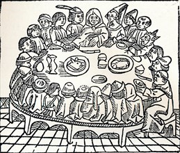 'The Canterbury Pilgrims sitting down for a shared meal', 1485. Artist: William Caxton.