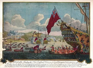 The landing of troops from New England on the island of Cape Breton to attack Louisbourg, 1747. Artist: James L. Brooks.