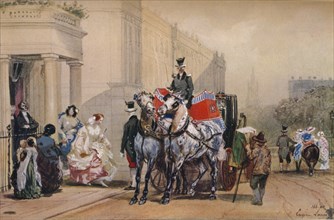 'Ladies Entering Their Carriage in Belgrave Square', 19th century. Artist: Eugene Louis Lami.