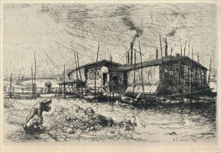 'Old Washing-boats at Grenelle', 1915. Artist: Auguste Lepere.