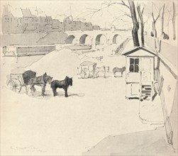 'The Pont Marie - Horses and Carts', 1915. Artist: Eugene Bejot.