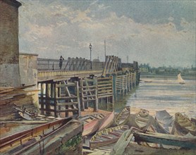 'Old Battersea Bridge, From The North Bank', looking across the River Thames, London, 1885 (1926). Artist: John Crowther.
