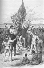 Hoisting the British flag in New Guinea, 1883 (1908). Artist: Unknown.