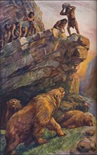 Prehistoric men attacking great cave bears, 1907. Artist: Unknown.