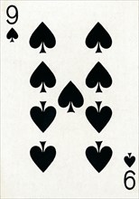 9 of Spades from a deck of Goodall & Son Ltd. playing cards, c1940. Artist: Unknown.
