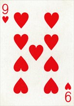 9 of Hearts from a deck of Goodall & Son Ltd. playing cards, c1940. Artist: Unknown.