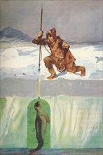 'Eskimo About To Spear A Seal Through Its Breathing-Hole', c1927,  (1928). Artist: Henry Evison.
