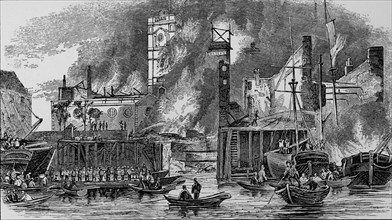 'Fire at Topping's Wharf, London Bridge, 1843', c1843, (1912).  Artist: Unknown.