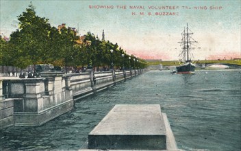 'London, Thames Embankment - Showing the Naval Volunteer Training Ship, H.M.S. Buzzard', 1907. Artist: Unknown.