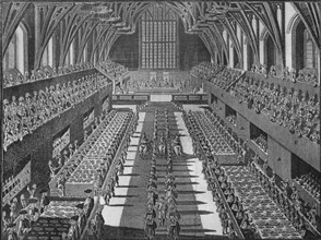 The interior of Westminster Hall at the coronation banquet of King George II, 1727 (1911). Artist: S Moore.