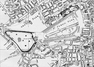 Map of St James' Park and Green Park in 1800, c1833 (1911). Artist: William Schmollinger.