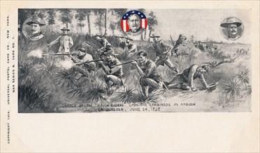 'Charge of the Rough Riders upon the Spaniards in Ambush, La Quasina, June 24, 1898', c1900. Artist: Unknown.