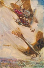 'A British Biplane Bringing Down a German Taube', c1916 (1928). Artist: Cyrus Cuneo.