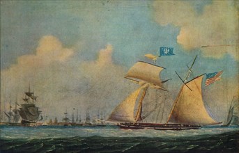 'An American privateer schooner and other vessels near a harbour', c1815. Creator: Burton.