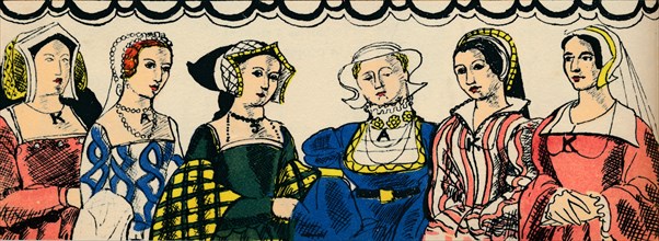 Portraits of Henry VIII's six wives from 1509, (1932). Creator: Rosalind Thornycroft.