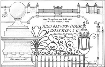 Plan of iron fence and brick walls, Miles Brewton House, Charleston, South Carolina, 1926. Artist: Albert Simons.
