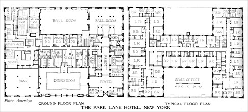 Floor plans, the Park Lane Hotel, New York City, 1924. Artist: Unknown.