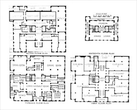 Floor plans, the Fraternity Clubs Building, New York City, 1924. Artist: Unknown.