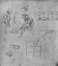'Three Seated Figures and Studies of Machinery', 1480-1481 (1945). Artist: Leonardo da Vinci.