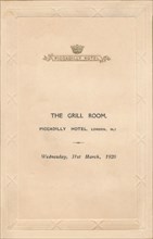 A menu for The Grill Room of the Piccadilly Hotel, London, 1920. Artist: Unknown.