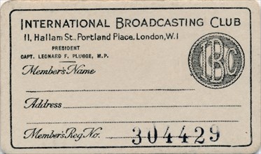 'International Broadcasting Club: Membership card', c1930s. Artist: Unknown.