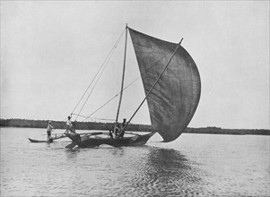 'Outrigger Canoe in Full Sail on Negombo Lake', c1890, (1910). Artist: Alfred William Amandus Plate.