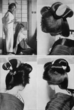 ''It takes two hours for a geisha's hairstyle, the coiffure, lasts several days', c1900, (1921).  Artist: Julian Leonard Street.