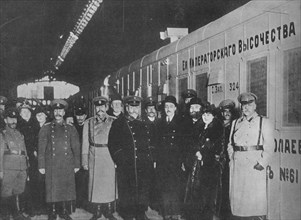'The Russian Minister of War inspecting a Red Cross train leaving for the front', 1915. Artist: Unknown.